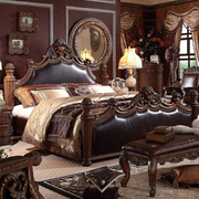 美式实木真皮床奢华四柱双人床，1.8米主卧婚床别墅，家具仿古皮艺床