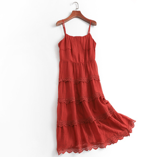 x228茶歇法式v领红色吊带连衣裙，女夏海边度假沙滩裙气质蓬蓬长裙