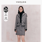 VGRASS法式复古羊毛棉时髦格纹气质短外套女春季洋气小方领