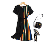 出口品牌外贸原单大码女装夏季时尚彩色条纹系带连衣裙薄