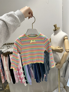 宝宝穿什么韩国Dailybebe女儿童24春季纯色条纹T恤木耳边上衣