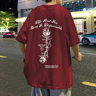 酒红色纯棉短袖t恤男夏季玫瑰印花情侣美式高街潮牌宽松半袖体恤