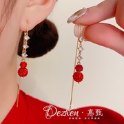红色满钻葫芦耳线时尚精致轻奢小众设计感新年名媛风长款流苏耳环
