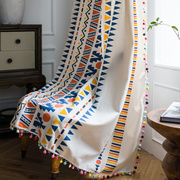 波西米亚棉麻窗帘ins印花乡村，美式风民族，彩色毛球帘飘窗客厅风格