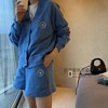 韩国刺绣v领休闲运动套装女长袖开衫，卫衣+短裤显瘦两件套