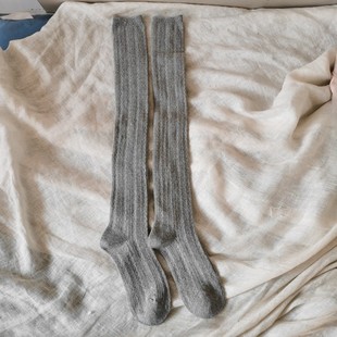 外贸出口女士兔羊毛过膝袜浅灰色保暖双针女袜冬天加厚竖条纹