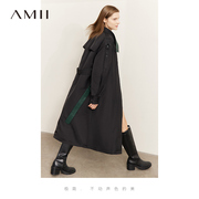 amii2024年冬立领撞色拼接配腰带风衣式，羽绒服女黑色长款外套