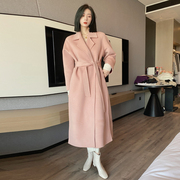 100%羊毛冬季韩版气质宽松收腰粉色羊毛，呢大衣中长款毛呢外套