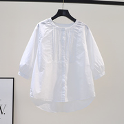 设计感褶皱白色棉衬衫女圆领7分袖宽松休闲衬衣2023夏季韩版上衣