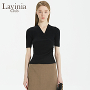 拉维妮娅秋季女士针织衫上衣V领短袖薄款套头显瘦短款