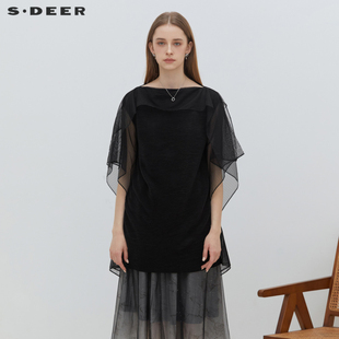 sdeer圣迪奥明星同款女装，简约圆领雪纺，肌理黑色短袖t恤s222z0171