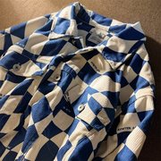 美式复古蓝白棋盘格子polo领衬衫男女小众设计感港风chic衬衣外套