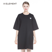 自然元素女装春秋熊猫刺绣，圆领五分袖，黑色休闲连衣裙t恤裙