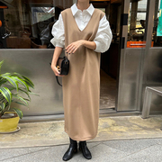 韩国chic秋季法式气质翻领，纯色长袖衬衫+v领宽松休闲背心连衣裙女