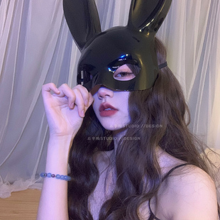 性感兔耳朵女郎头饰蕾丝面罩半脸黑色面纱面具发箍眼罩套装拍照