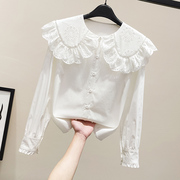 蕾丝娃娃领衬衫女长袖2023春季日系甜美白色纯棉衬衣气质上衣