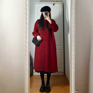 高级感红色呢子大衣，2023秋冬装韩系赫本风小个子毛呢外套女中长款