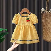 夏季连衣裙亲子家女童清新可爱甜美柔棉格子韩版短袖，公主裙子