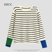 imcc设计感小众撞色拼袖黑白，条纹针织衫毛衣女(毛，衣女)简约宽松长袖上衣