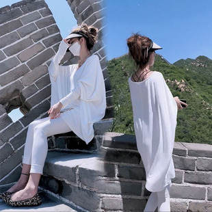 2023夏季时尚套装韩版宽松蝙蝠，袖长袖上衣，打底裤防晒两件套女