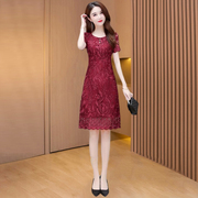 夏装改良旗袍连衣裙中长款韩版显瘦中年女士红色蕾丝裙子