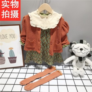 韩国中小童装 21秋女宝宝甜美棕色泡泡袖针织开衫 毛衣外套