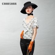 香莎CHANSARR 修身显瘦交叉V领上衣 简约大气 黑白时尚设计短袖