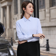 职业白衬衫女长袖工装蓝色条纹，防走光酒店银行工作服上班气质衬衣