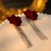 新娘耳环红色玫瑰花朵流苏耳针款简约时尚优雅气质敬酒服结婚耳饰