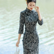 老上海黑色旗袍2023年秋冬高级感性感复古显瘦改良版日常长袖礼服