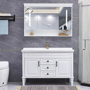 美式橡木浴室柜组合卫生间双盆一体落地洗手洗脸智能镜实木洗漱台