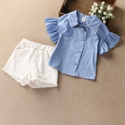 韩版夏季品质洋气女童套装短袖小飞袖衬衫白色牛仔破洞短裤两件套