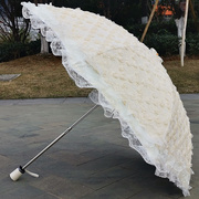 蕾丝绣花玫瑰花米白色，黑胶防紫外线防晒二折伞，太阳伞公主晴雨伞