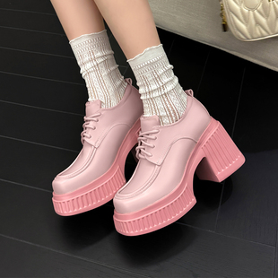 粉色高跟鞋女真皮2024年春小个子，增高小白鞋系带，松糕英伦风格单鞋