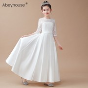 女童高端晚礼服白色长款钢琴演出服，中大童婚礼花，童裙生日公主裙仙