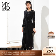 MYMO蕾丝长袖连衣裙M3L531J朗黛秋季气质圆领黑色长裙