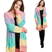 亚马逊2023彩虹色宽松长款针织开衫欧美大码女装毛衣外套