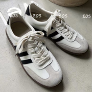 eos22560-11小众设计复古平底单鞋真皮，韩版德训鞋三条百搭板鞋女