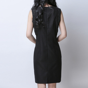 贝斯琦春秋季时尚圆领蕾丝，拼接无袖高腰黑色连衣裙