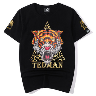 TEDMAN国潮中国风动物图案老虎头个性印花短袖T恤男圆领大码衣服