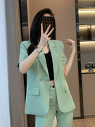 绿色西装套装女薄款2023大码休闲上衣夏季气质短袖小西服外套