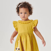 英单女童花边领连衣裙宝宝纯棉夏装，中小童黄色，娃娃裙婴儿公主裙潮