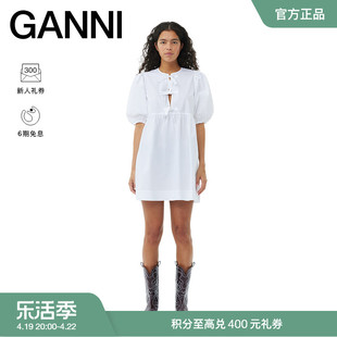 春夏ganni女装白色系带，棉质泡泡袖短裙连衣裙f9170151