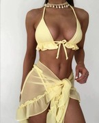 swimsuit网纱裙摆褶皱泳装荷叶边三件套比基尼挂脖海边度假bikini