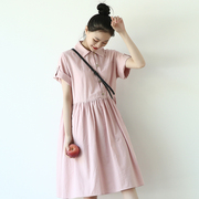 suin2021夏季新文艺(新文艺)甜美学生，小个子a字，宽松粉色短袖中长连衣裙女
