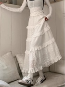 白色镂空荷叶边半身裙仙女夏季温柔宽松裙子拼接气质高腰半裙长裙