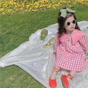 韩版童装撞色双层领女童连衣裙，粉色格子长袖公主裙洋气宝宝裙子潮