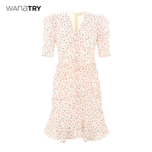 wanatry蔷薇粉显瘦五分，袖连衣裙甜美碎花裙子夏季茶歇法式长裙