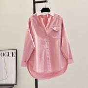 粉色蝙蝠袖设计衬衫女2023秋季韩版单口袋中长款纯棉休闲衬衫