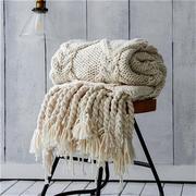 品样板间装饰影棚毯子冰岛，毛毯北欧风，粗线手工s流苏毯大气盖毯新